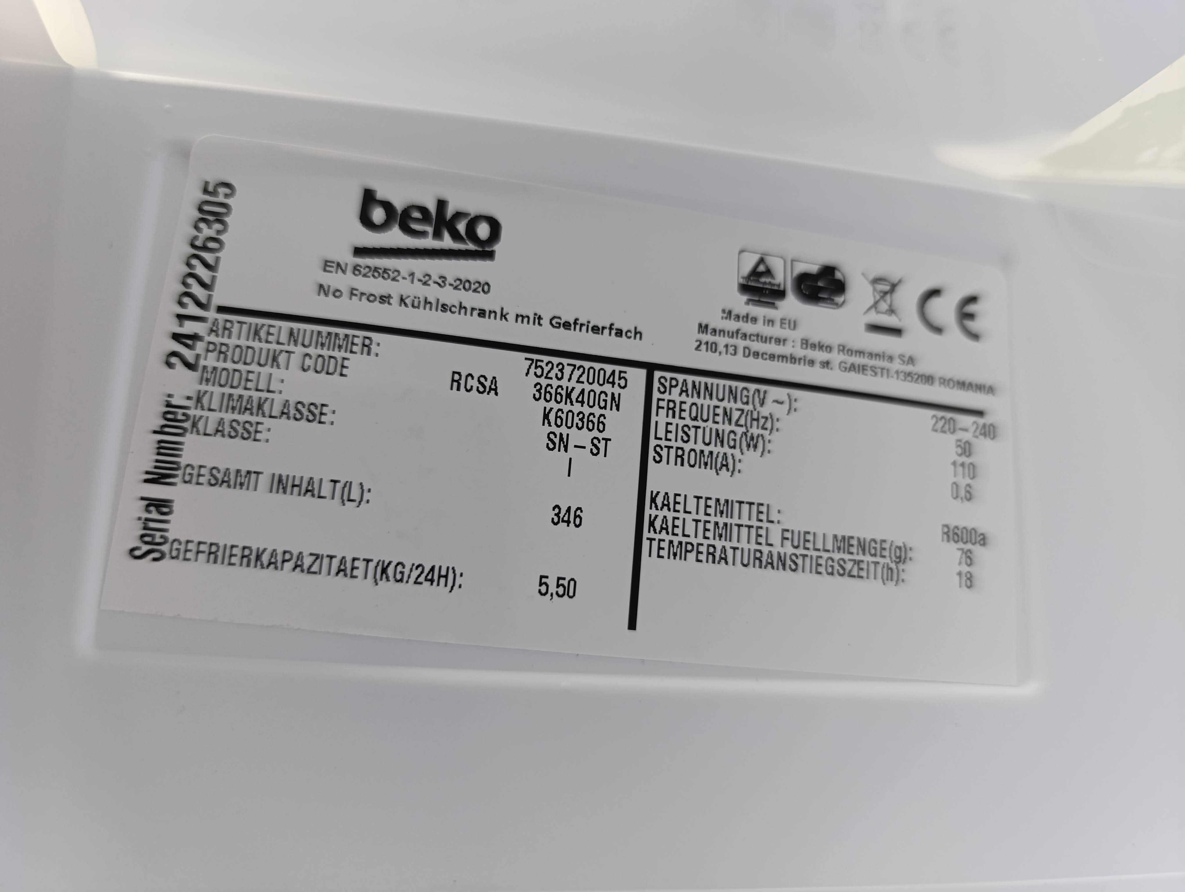 Frižider Beko RCSA366K40GN , 185 cm.