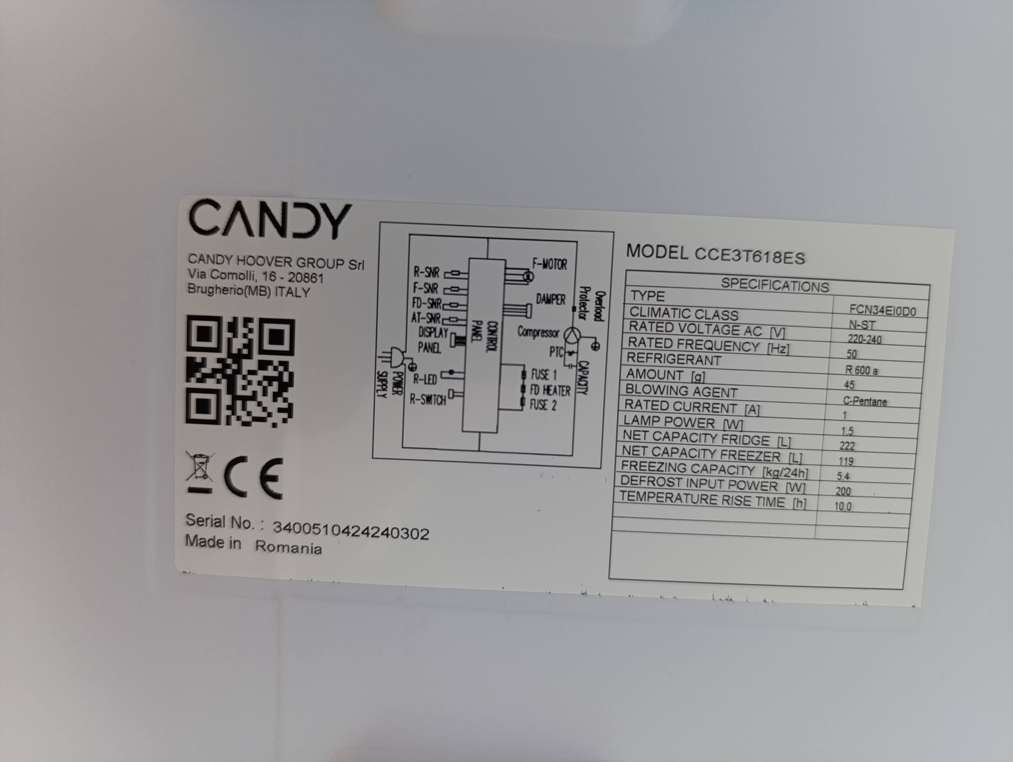 Frižider Candy CCE3T618ES , 185 cm.