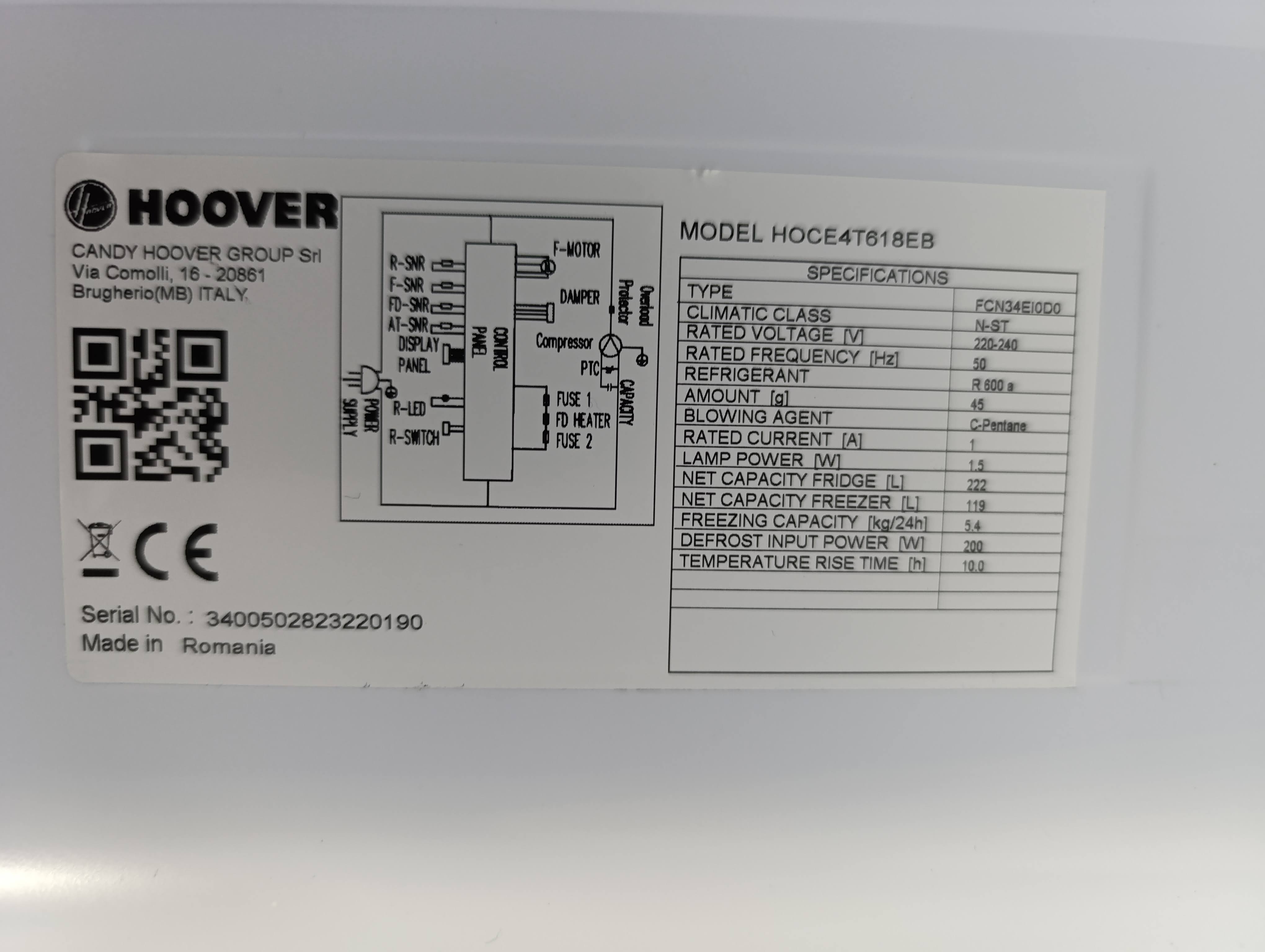 Frižider Hoover HOCE4T618EB , 185 cm.