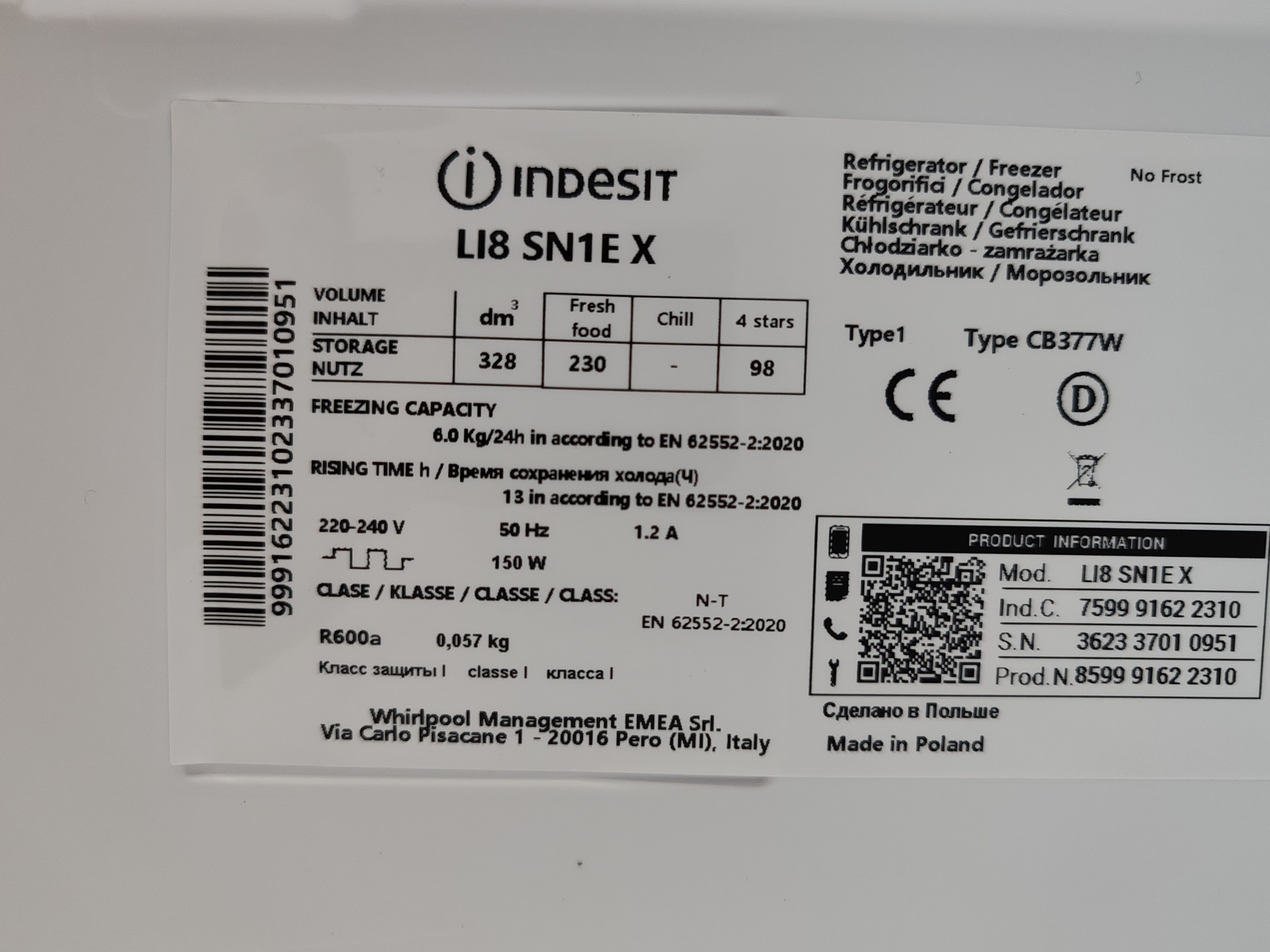 Frižider Indesit LI8 SN1E X, 189 cm