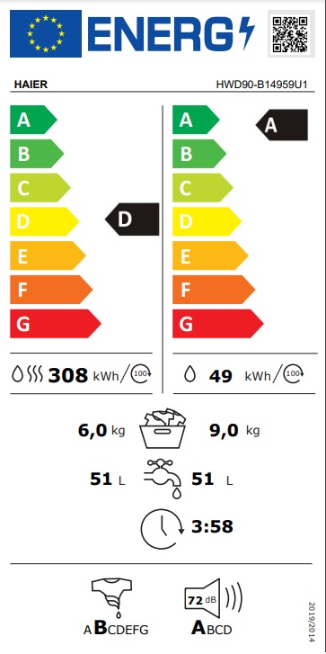 Mašina za pranje i sušenje veša Haier HWD90-B14959U1, 9+6 kg