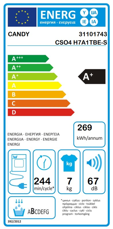 Mašina za sušenje veša Candy CSO4 H7A1TBE-S , 7kg, Slim