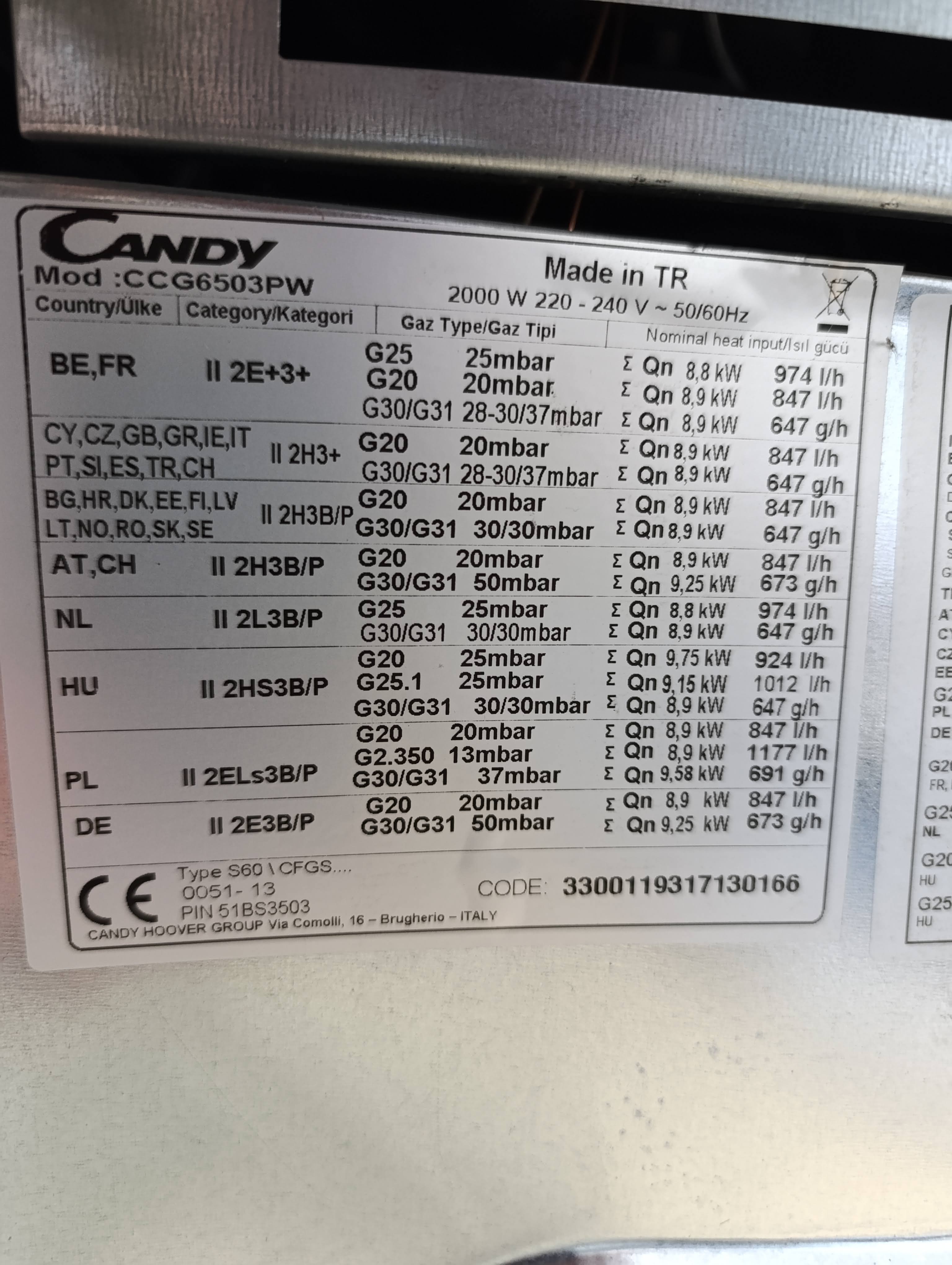 Plinski Šporet Candy CCG6503PW , 60 cm.