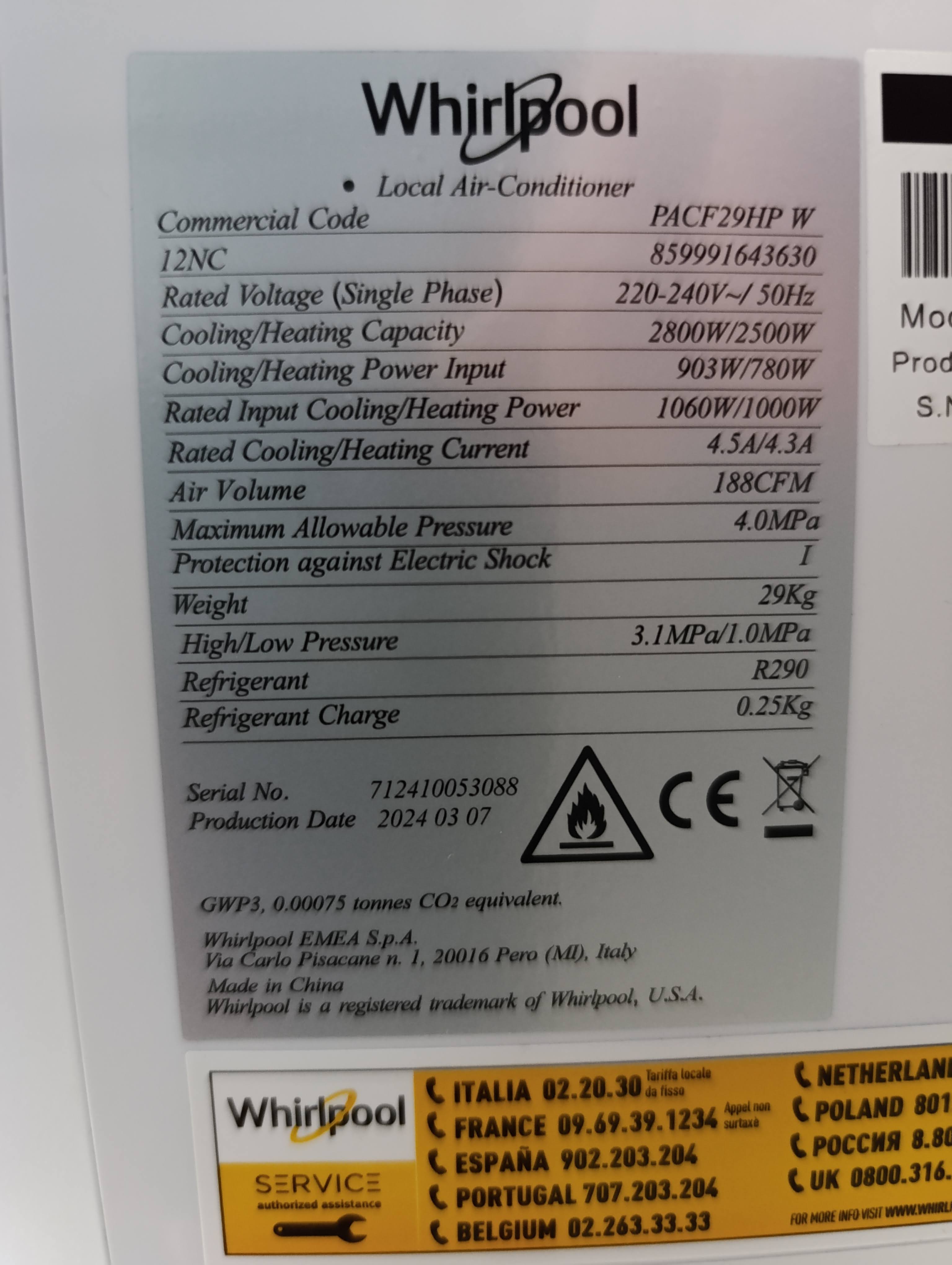 Pokretna klima Whirlpool PACF29HP W, 9000 btu